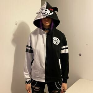 GK-O Anime Monokuma Black White Bear Hoodies Cosplay Costume Zipper Unisex Sz S